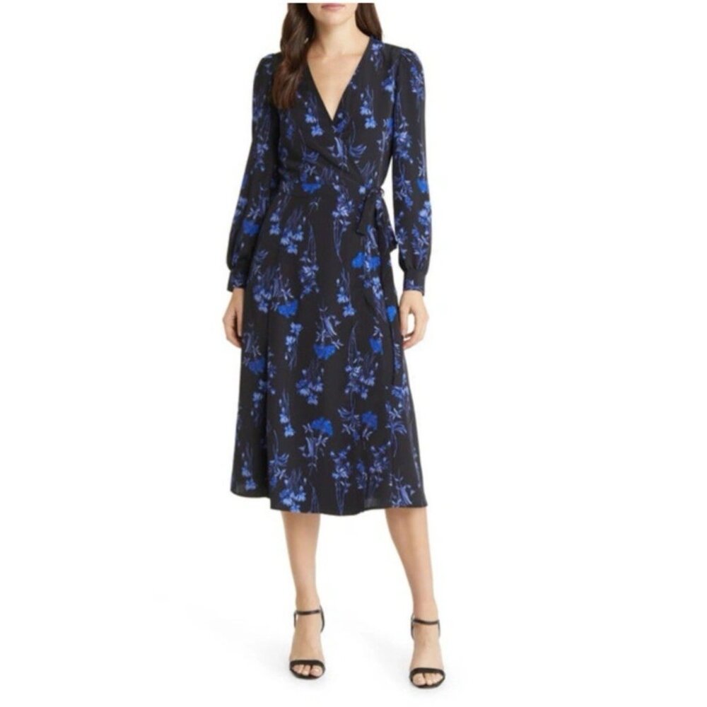 Chelsea28 Midi Wrap Dress XL Extra Large Blue Black 3/4 Long Sleeve Washable